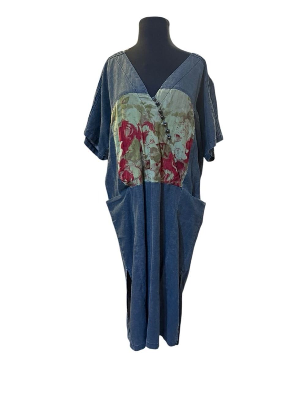 Y2K Oversized Lagenlook Tunic Dress Patchwork Floral Pocket Midi Sz L Indie Boho